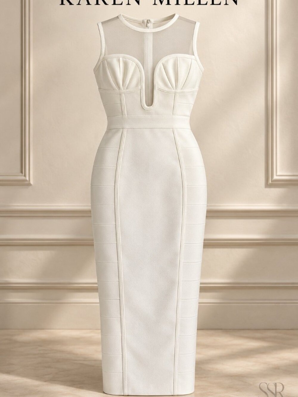 Karen Millen Corset Bandage Mesh Midi Dress Cream Size M NWT Bodycon